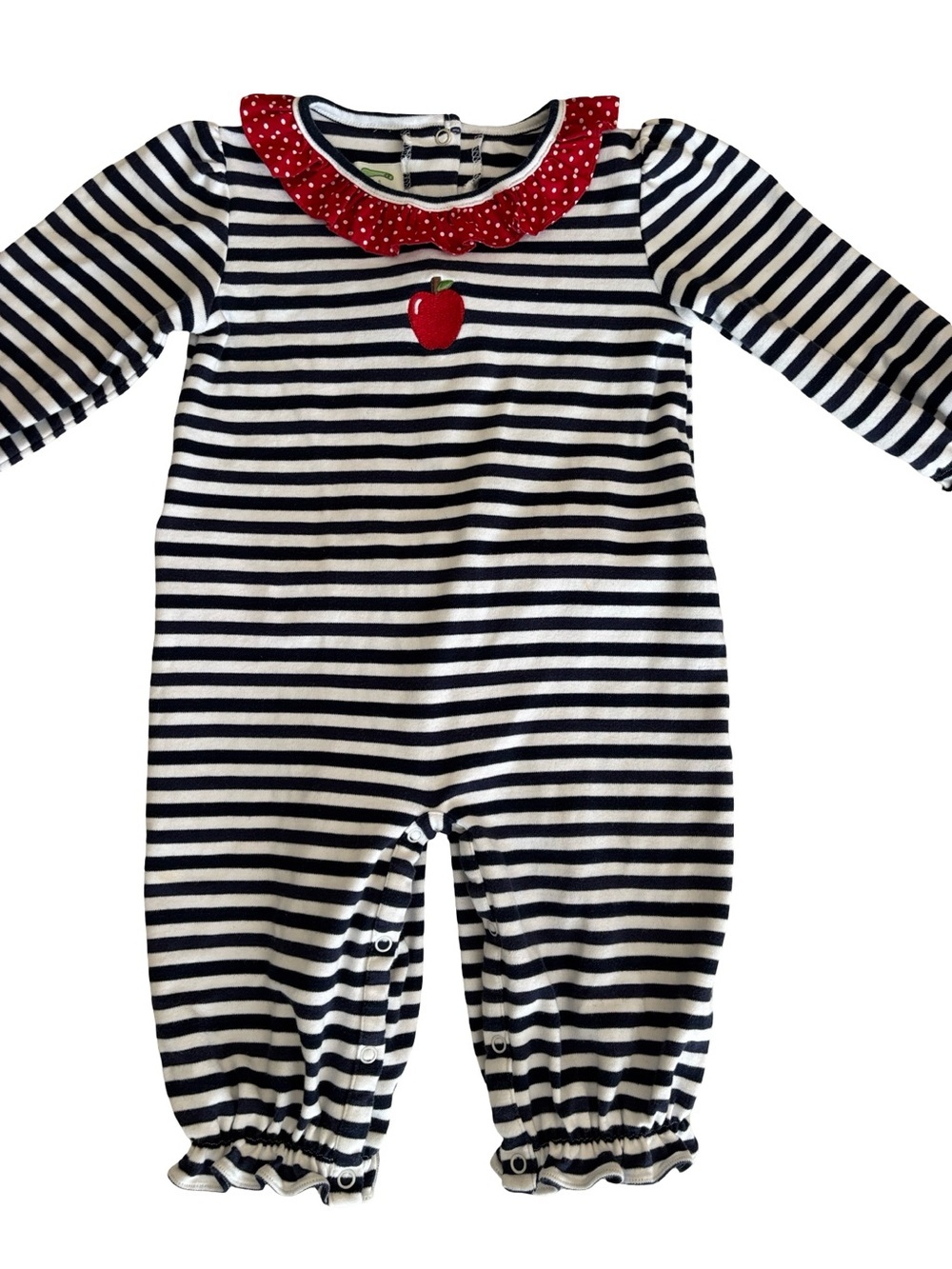 Zuccini 100% Cotton Navy Blue White Red Apple 🍎 Romper Ruffles - Picture 3 of 8